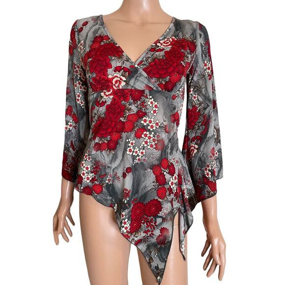 V Generation top blouse stretch gray maroon asymmetrical hem trumpet sleeve SZ S - Picture 2 of 8